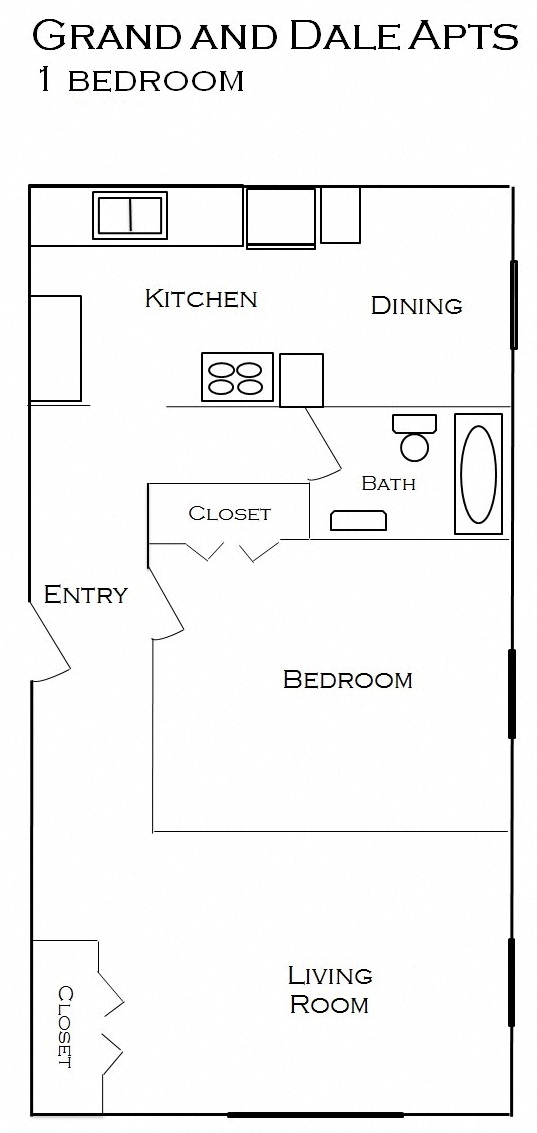 Floor plan for 1 bed, 1 bath, 685 sqft